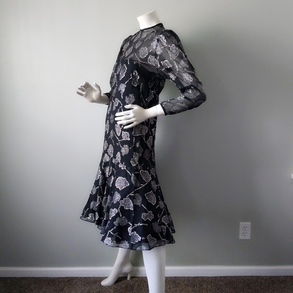 Vtg 80s Victor Costa Archival Sheer Glitter Leaf Print Full Skirt Party Dress M - Picture 4 of 8